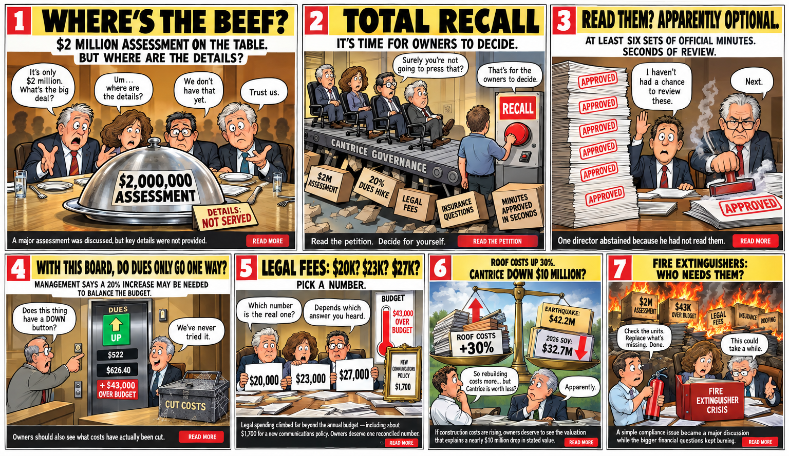 Satirical special-edition cartoon summarizing seven issues from the September 29 Cantrice Court Board meeting