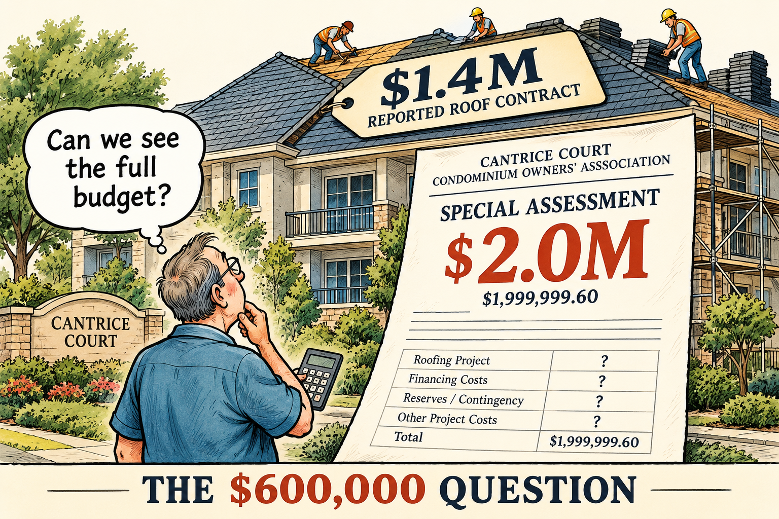 Editorial cartoon asking owners to see the complete accounting for a two-million-dollar assessment and a reported 1.4-million-dollar roofing contract