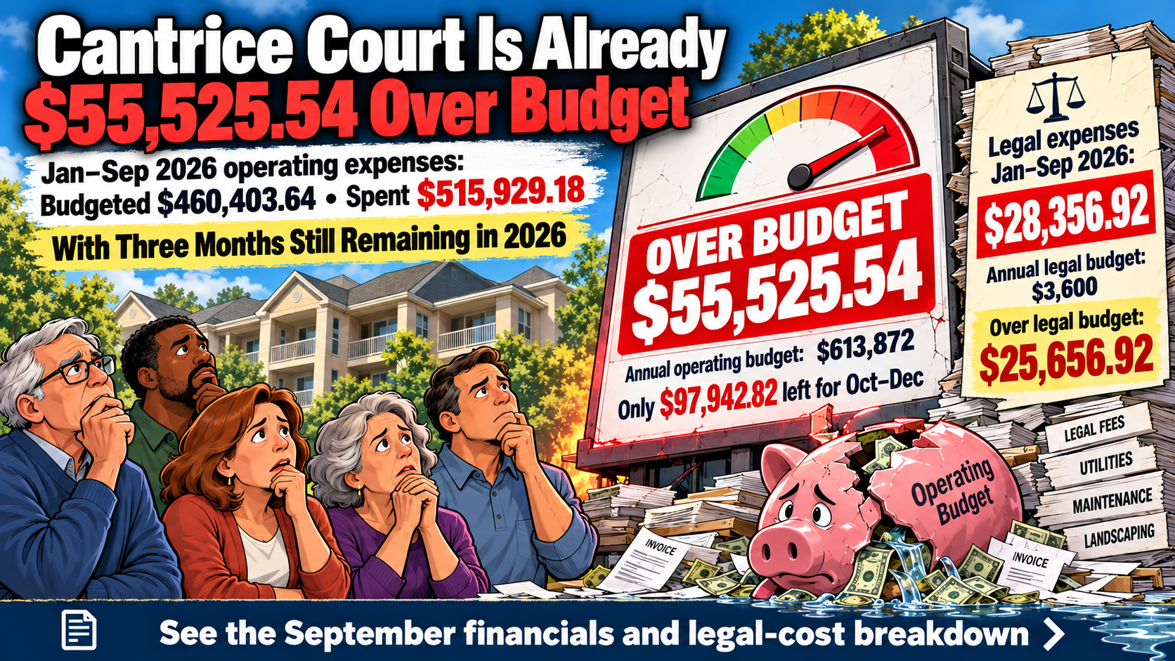 Editorial cartoon showing Cantrice Court over budget, with legal spending far above its annual budget and only three months left in 2026
