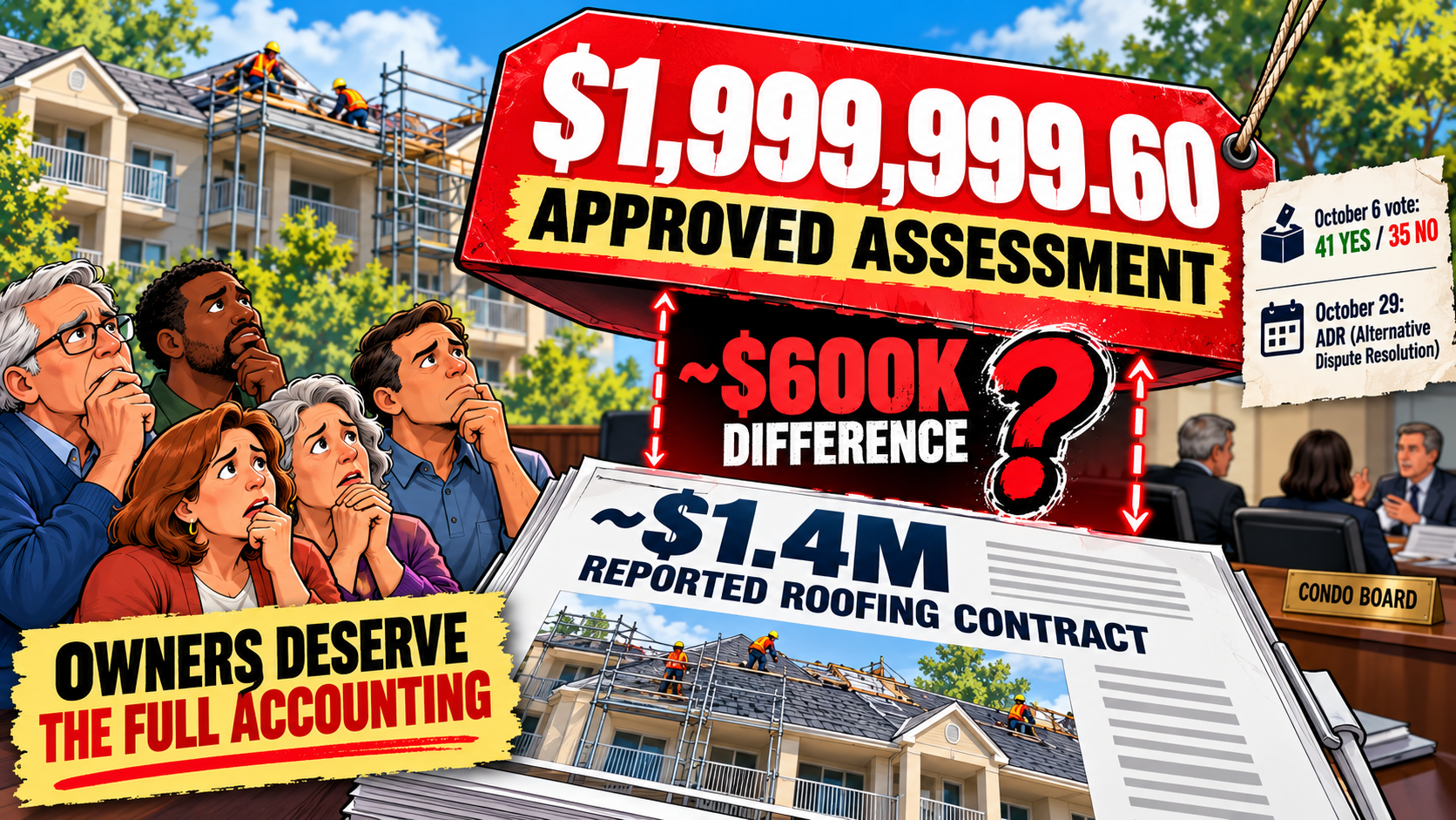 Editorial cartoon showing the reported $1.4 million roofing contract, the approved $1,999,999.60 assessment, and the resulting roughly $600,000 difference requiring a full accounting