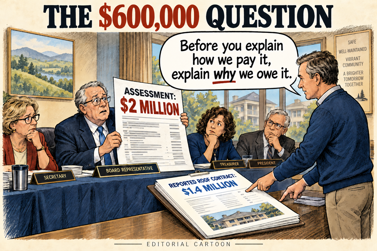 Editorial cartoon: a homeowner asks why an approximately two-million-dollar assessment exceeds a reported 1.4-million-dollar roofing contract.