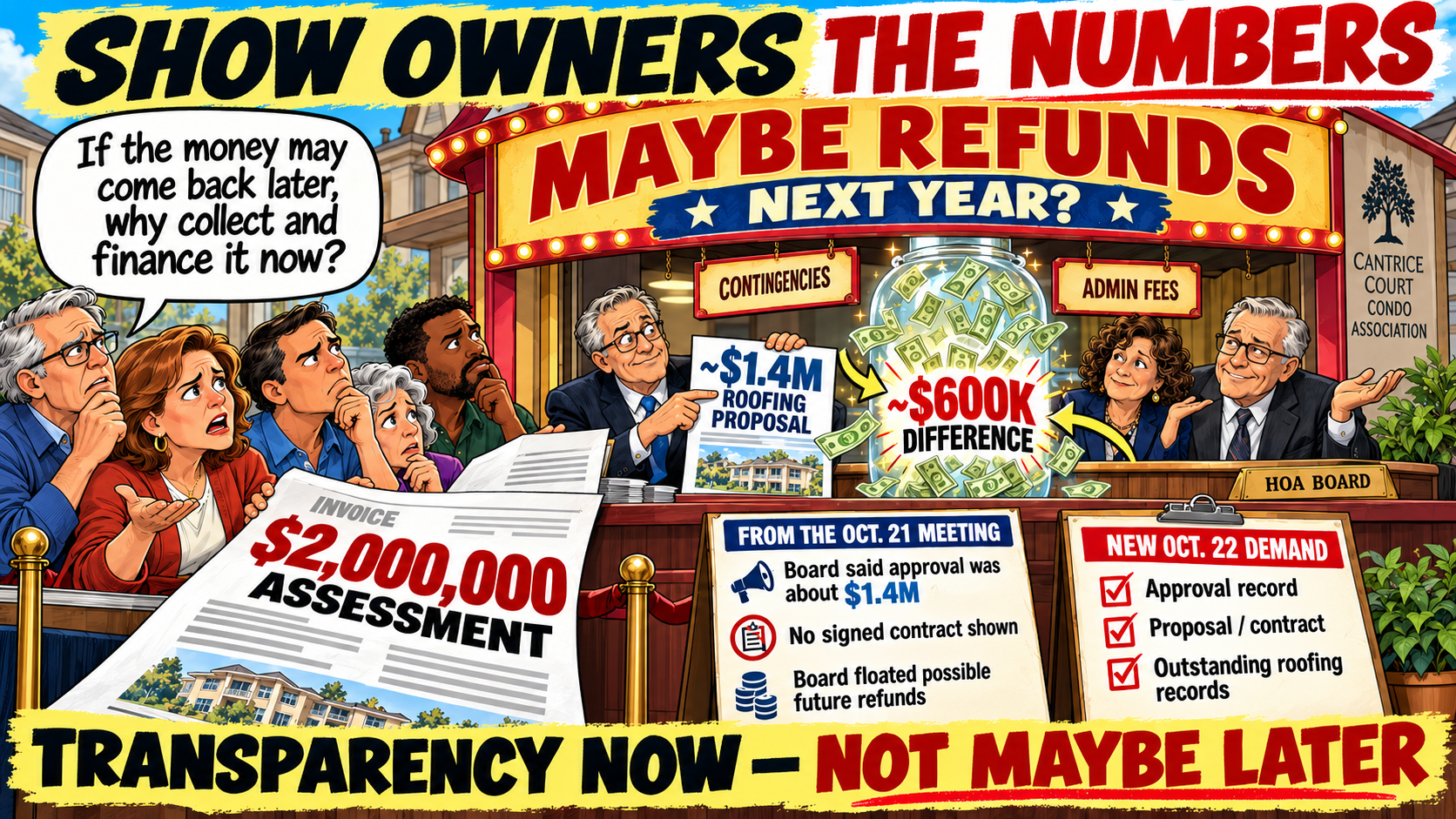 Cartoon: homeowners question the HOA board about the 2 million dollar assessment, roughly 1.4 million dollar roofing proposal and possible later refunds