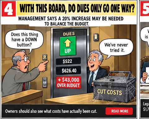 Satirical cartoon about Cantrice dues rising while cost-cutting tools sit unused