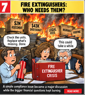 Satirical cartoon showing a fire-extinguisher discussion while larger financial issues burn in the background