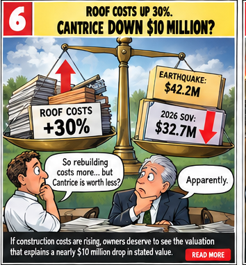 Satirical cartoon contrasting rising roof costs with a lower 2026 property Statement of Values