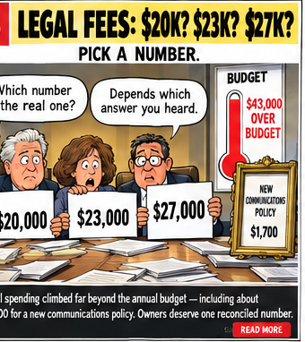 Satirical cartoon comparing several legal fee figures and an over-budget total