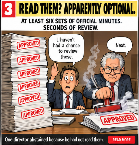Satirical cartoon showing official meeting minutes being rapidly stamped approved