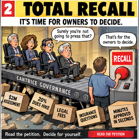 Satirical cartoon showing Cantrice governance issues moving toward a recall decision