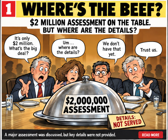 Satirical cartoon about a nearly two million dollar roof assessment presented without detailed pricing or scope
