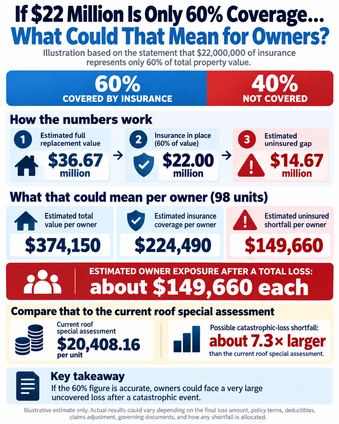 Illustration of the Board's earlier 60 percent coverage statement: an implied 36.67 million dollar property value, 22 million dollars insured, and a 14.67 million dollar historical shortfall, about 149,660 dollars per owner across 98 units.